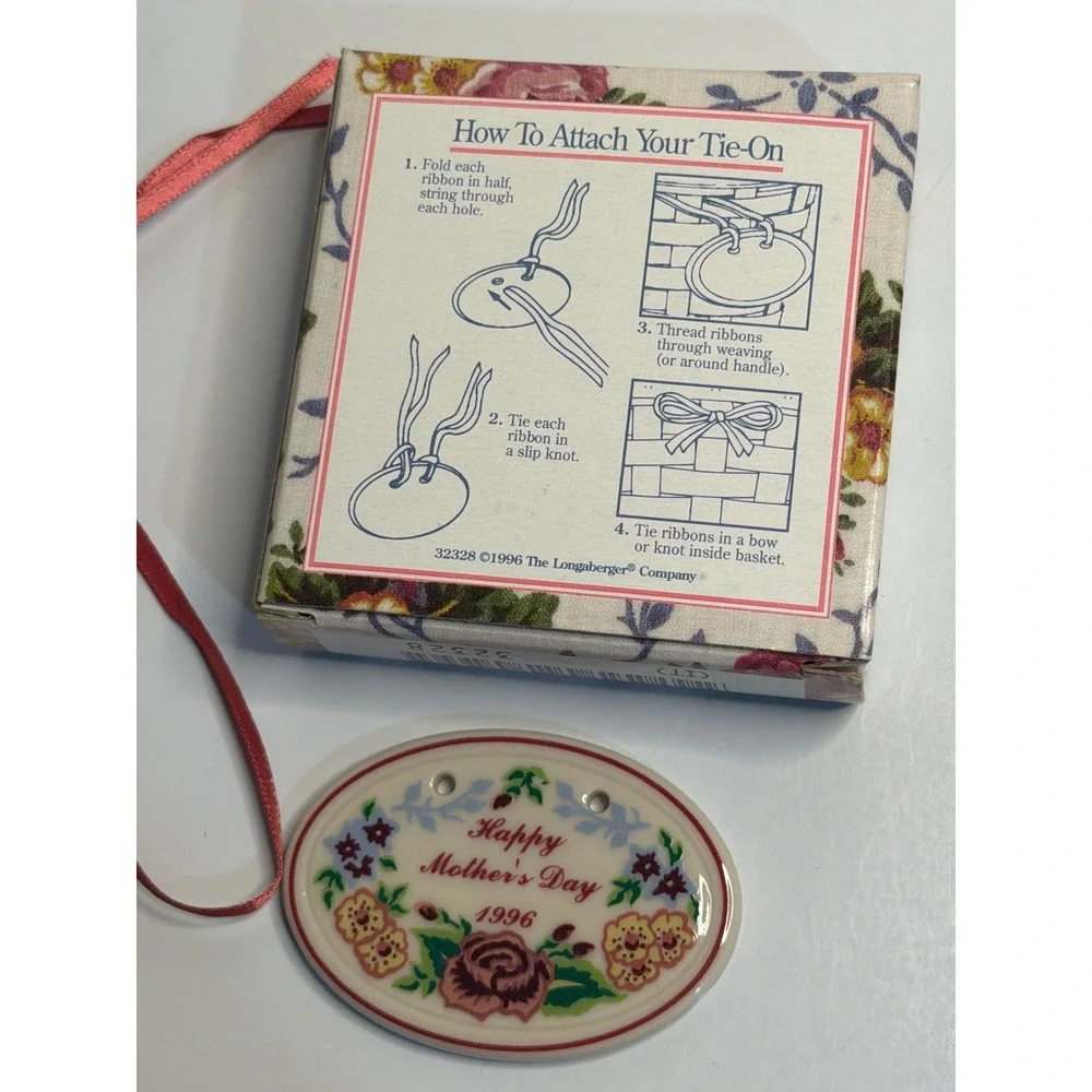 VTG Longaberger Mother's Day Tie-On 1996 Ceramic Basket Charm Floral White NIB